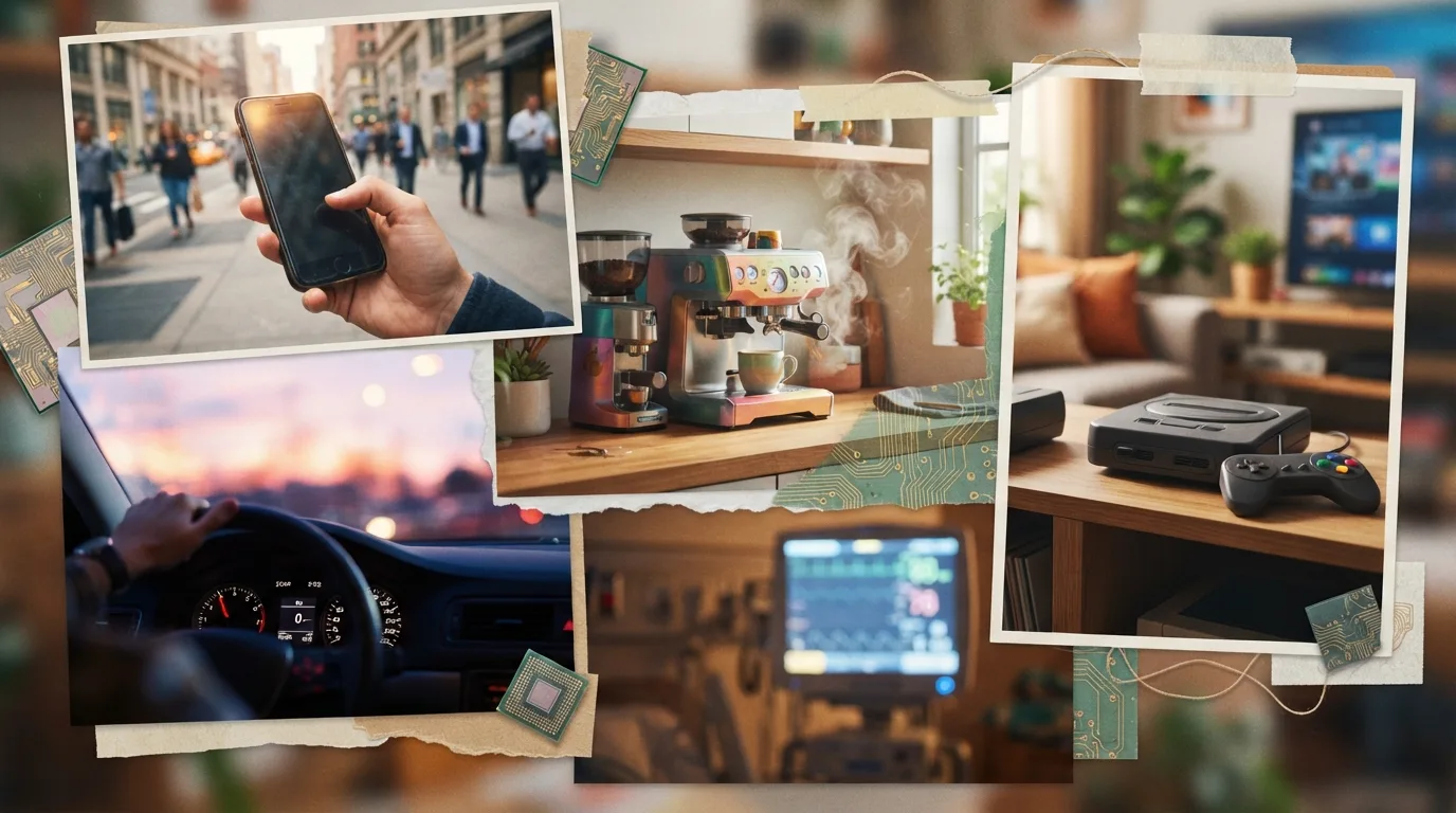 A collage of everyday digital devices arranged around a central silicon chip: a smartphone, a laptop, a car dashboard